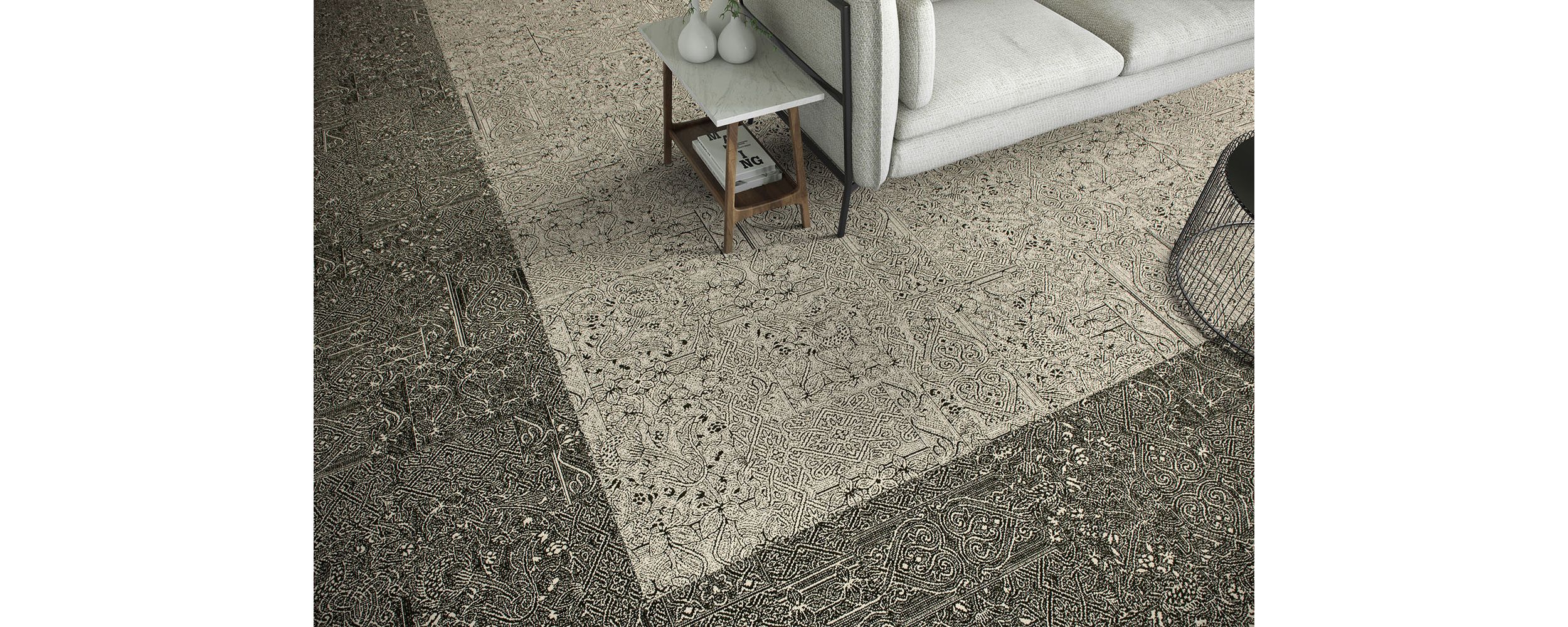 Detail of Interface DL924 and DL924N carpet tile with couch and end table with vases image number 4